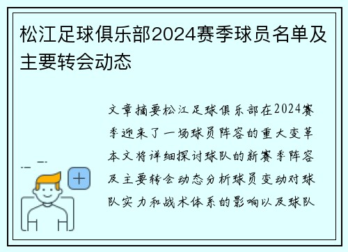 松江足球俱乐部2024赛季球员名单及主要转会动态