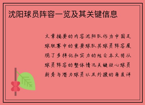 沈阳球员阵容一览及其关键信息